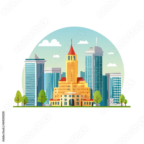 Vector cityscape with skyscrapers, towers, and parks. Flat design style urban skyline with architectural landmarks against a cloudy sky.
