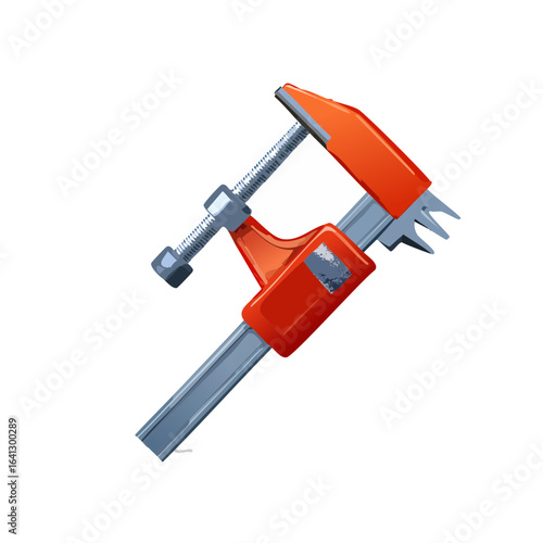 Illustrative carpentry clamp tool orange and gray holding white, studio shot on solid black background