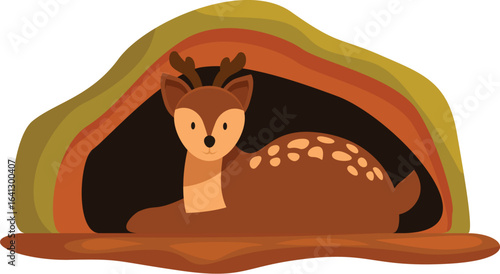 Cartoon illustration of a young deer resting peacefully inside a cozy cave, showcasing the beauty of wildlife in its natural habitat