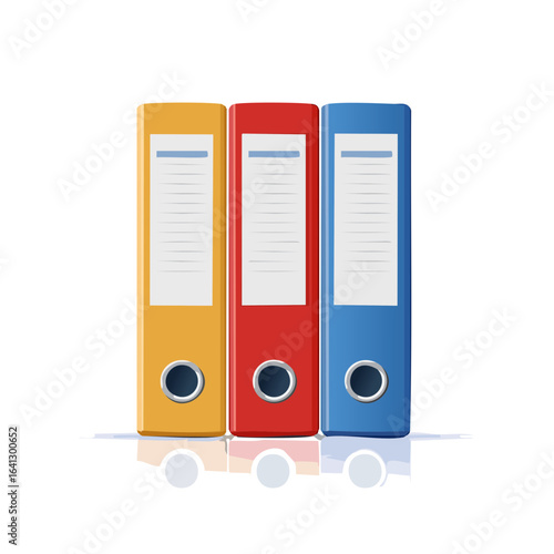 Three Ring Binders in Yellow Red and Blue for Office Filing on Black Background