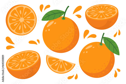 Vibrant Orange Fruit Arrangement with Slices and Leaves Refreshing Citrus Still Life Illustration