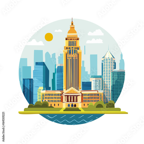 City skyline with tall buildings, waterfront, and sky in graphic illustration