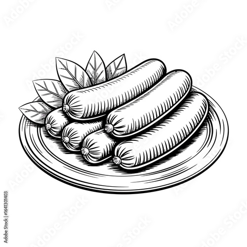 Hand drawn sketch of a plate of sausages with basil leaves illustration of delicious food and meat products perfect for menu design and culinary projects