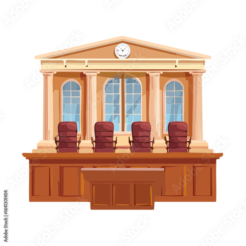 Illustration of courthouse interior with chairs, desks, and classical architecture elements against a black background, law and justice concept