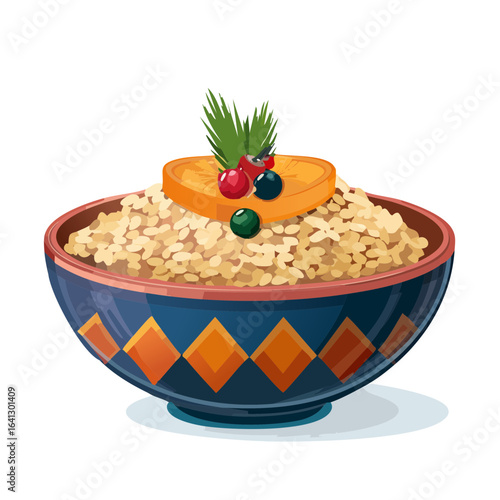 Christmas kasha in ornamented bowl topped with orange slice cherries and evergreen sprigs festive vector image