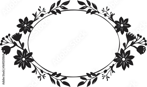 Black and white floral oval frame with delicate leaves and starburst flowers floral frame silhouette