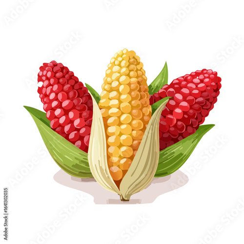 Three Corn cobs yellow and red with leaves illustration for harvest celebrations.