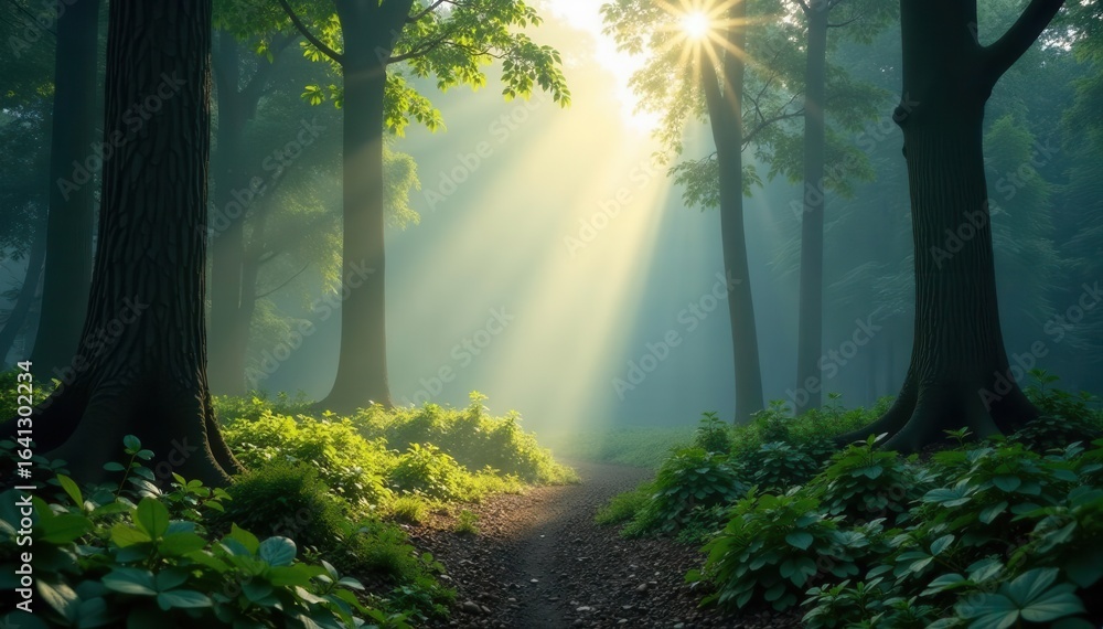 Obraz premium Misty forest clearing, soft morning light filters through canopy, leaves, mist, peaceful