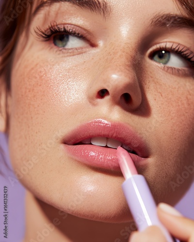 Closeup of a young woman applying soft pink lipstick natural glowing skin long eyelashes isolated on a subtle lavender background vibrant skincare portrait