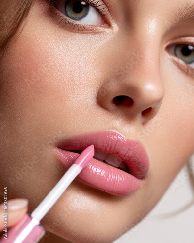 Closeup of a young woman applying soft pink lipstick dewy complexion subtle eye makeup isolated on a clean white background cosmetic concept