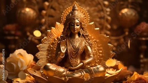 35822338
A shimmering gold idol of Goddess Lakshmi as the focal point of the puja, radiating divinity and abundance, Diwali Generative AI