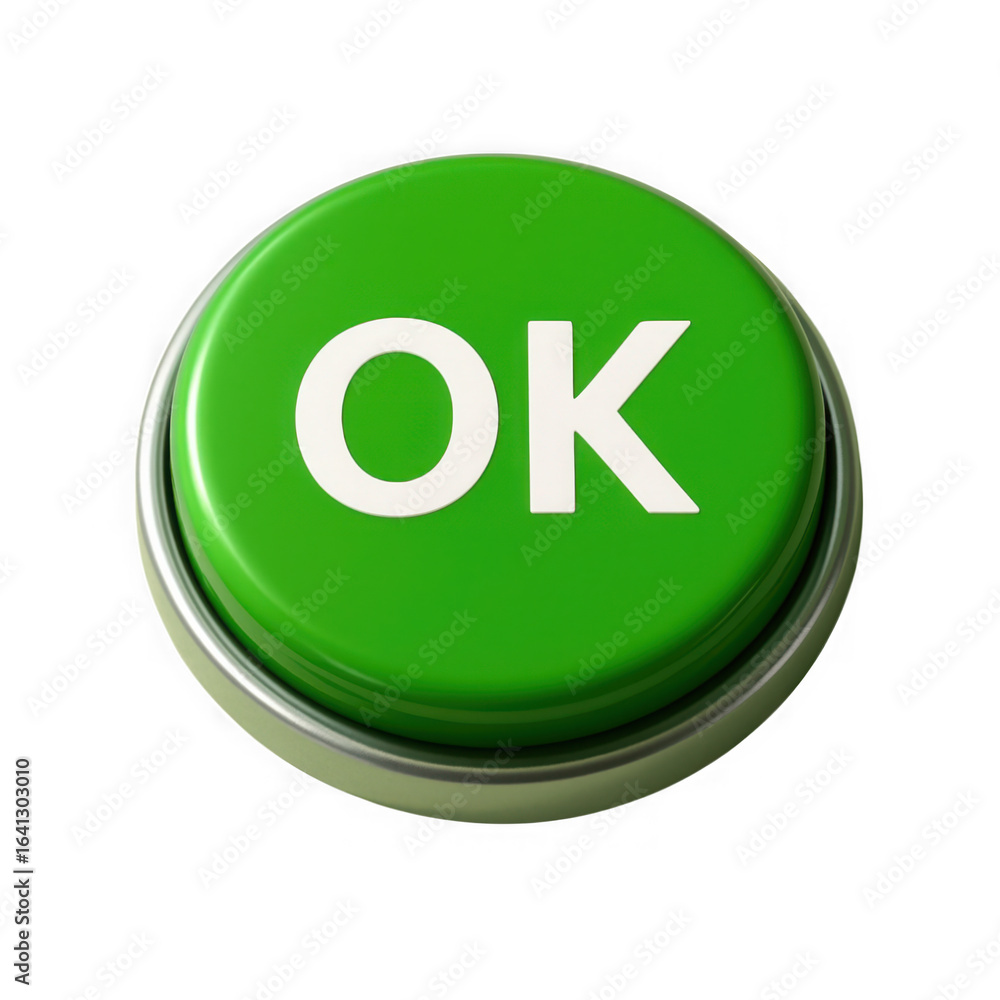 Close up of a bright green circular button with the word ok in white text 3d rendering isolated on transparent background Close up of a bright green circular button with the word ok in white text 3d rendering isolated on transparent background