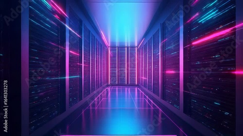Wallpaper Mural Server room hosting big data with futuristic neon lights illuminating the corridor Torontodigital.ca