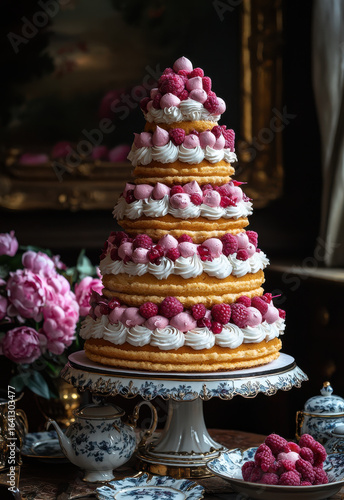 Tall wedding cake with layers, decorated with raspberries and