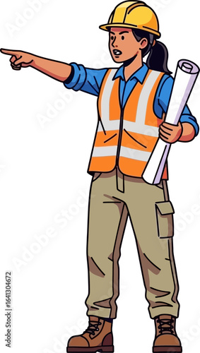 A woman in a yellow hard hat and orange vest points to the side, holding a rolled-up blueprint.