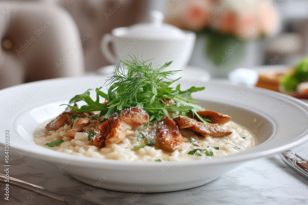 Delicious creamy risotto topped with seasoned chicken and fresh herbs in a cozy dining setting Delicious creamy risotto topped with seasoned chicken and fresh herbs in a cozy dining setting