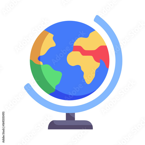 Illustrated globe on stand showing continents in vibrant colors  