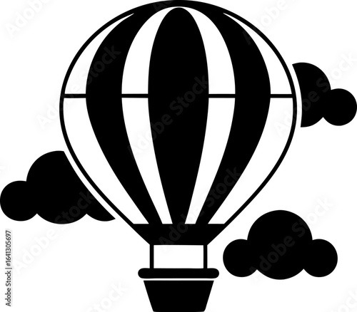 Flying Hot Air Balloon Among Clouds Black Silhouette