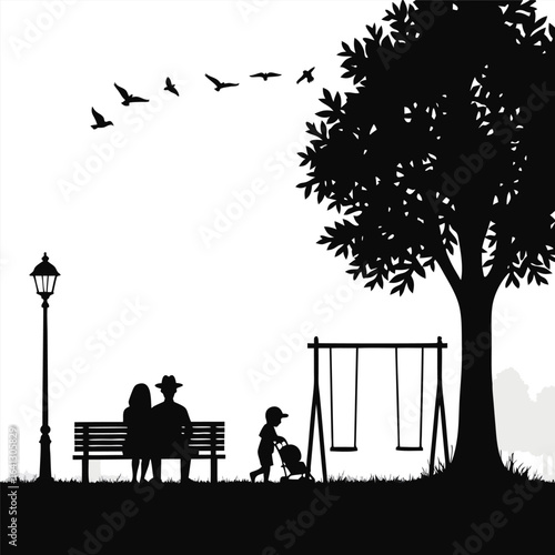 Couple on park bench with child and swings under tree 2