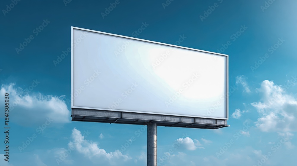 Obraz premium Billboard Mockup Against Blue Sky and Clouds, Ideal for Advertising and Marketing Campaigns Presentation