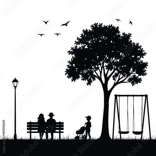 Couple on bench with child and stroller under tree with swings 1