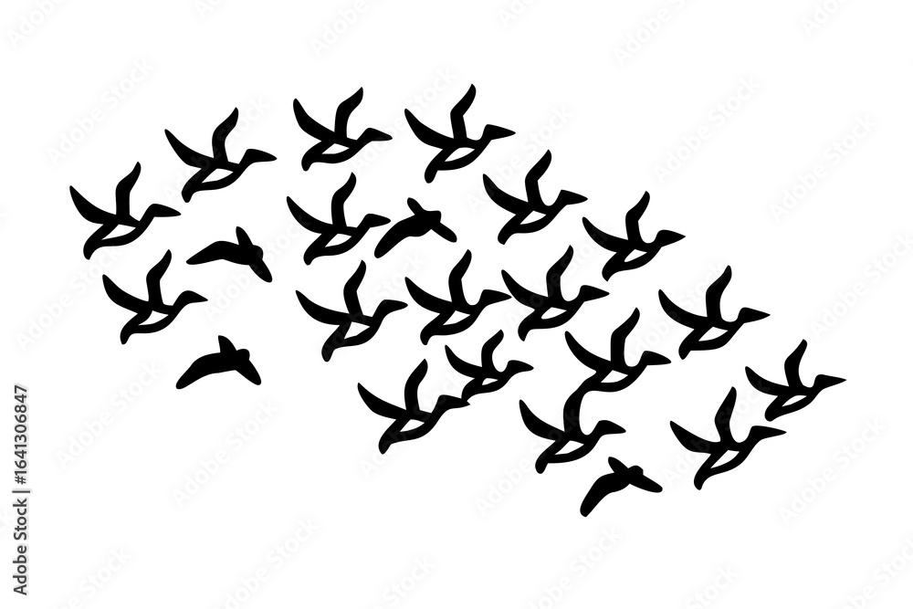 Naklejka premium Flock of Approaching Birds Silhouette on White Background flying nature