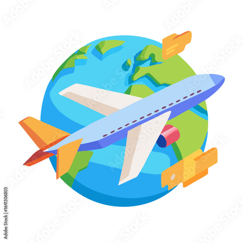 Airplane flying around the globe with travel tags in bright colors  