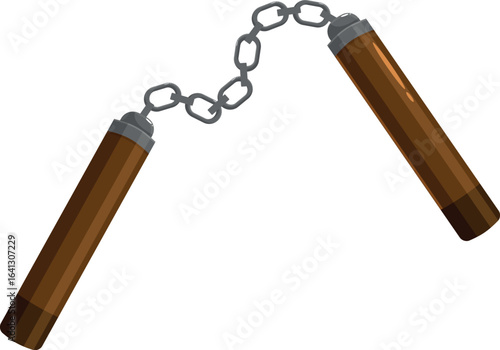 Two wooden sticks connected by metal chain are swinging, demonstrating traditional martial arts weaponry
