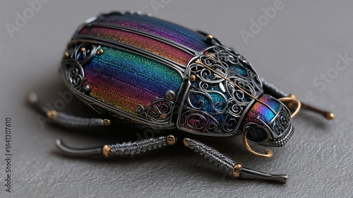 Prismatic jewel scarab sculpture in ornate gunmetal filigree, fantasy relic art