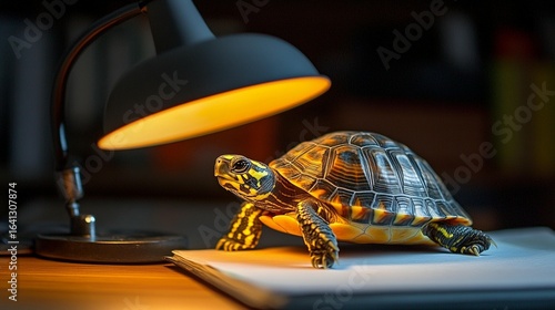 Turtle Basking Under Desk Lamp