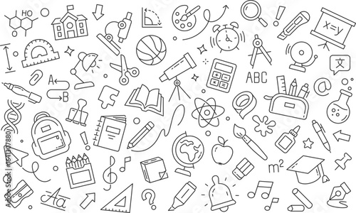 Back to School Editable Elements Set. Vector illustration in modern thin line doodle style of icons of school subjects, stationery, and more. Isolated on transparent background.