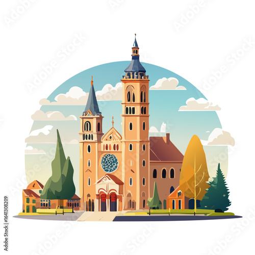 Illustration of a grand cathedral architecture with towers and surrounding parkland vector design