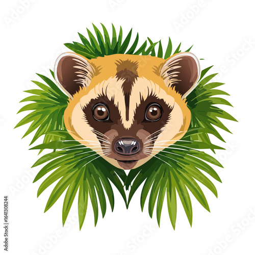 Asian Palm Civet Portrait Surrounded by Tropical Palm Leaves Isolated on Black Background Wildlife Animal Vector Illustration
