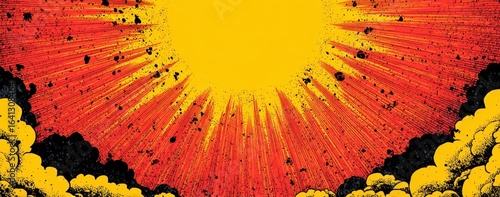 Explosive burst radiating outward from a central point, surrounded by clouds of smoke