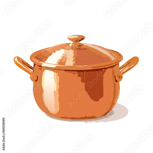 Vintage copper pot illustration with lid on black background, cooking equipment with handles, kitchen ware
