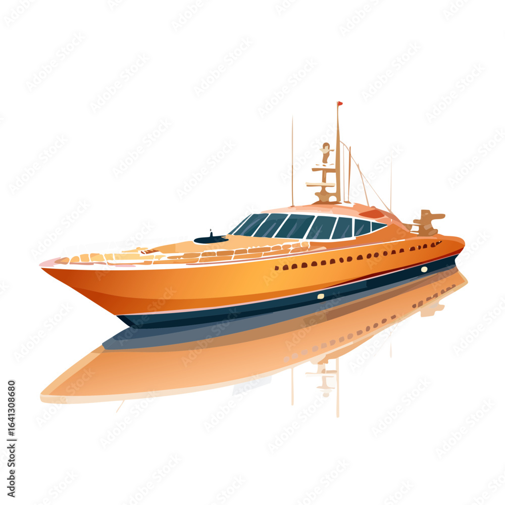 Naklejka premium Luxury Yacht Illustration with Reflections on Water Against a Dark Backdrop