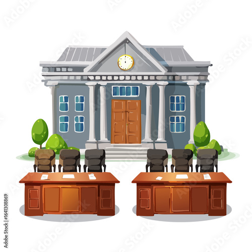 Cartoon Courthouse Illustration with Wood Tables and Chairs, Justice Scene
