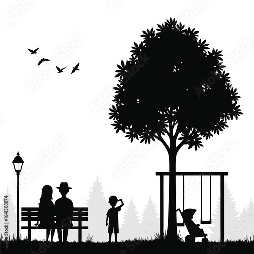 Couple on bench with child and swings in park silhouette 1
