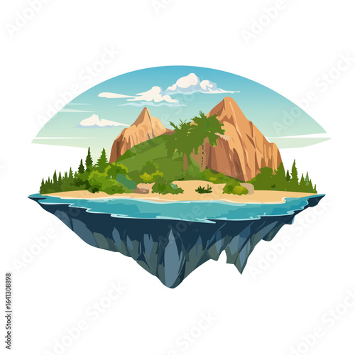 Tropical Island Paradise Floating Above Water With Mountains Trees And Sand In Sunny Weather Cartoon Illustration