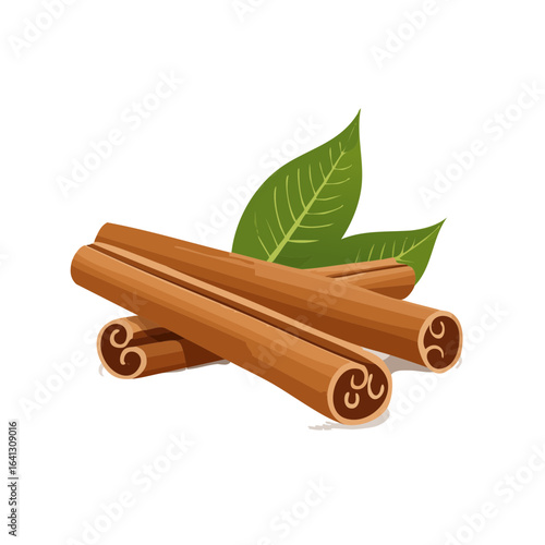 Cinnamon sticks spice with green leaves still life on black backdrop. Culinary flavoring for baking cooking, winter holiday theme.