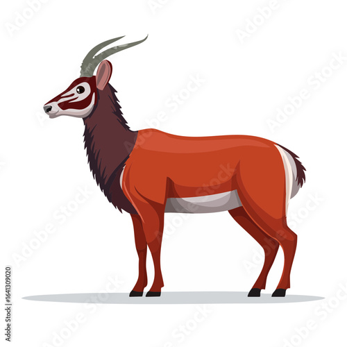 Cartoon illustration of sable antelope standing profile with a dark mane and reddish brown coat, isolated on black background.