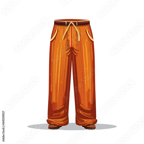 Cartoon illustration of tan pants with pockets and shoes; wardrobe fashion apparel