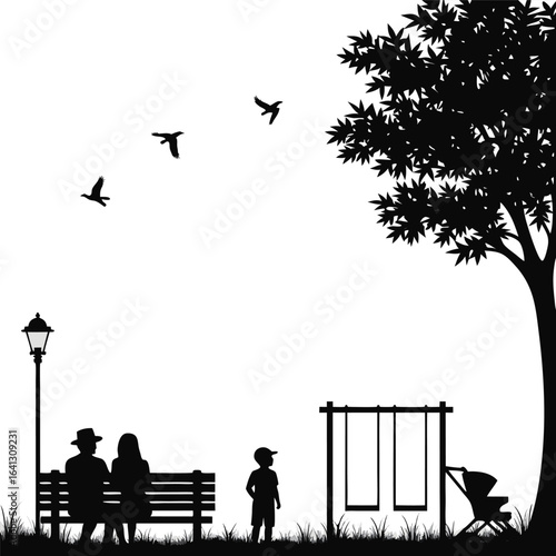 Family enjoying park with swings and stroller silhouette 9