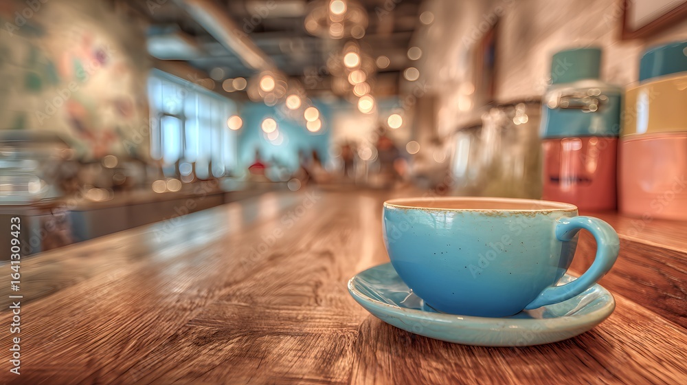 Fototapeta premium Color Temperature Harmony - Warm coffee and wood tones blending with cool pastel blues, balanced HDR tone mapping