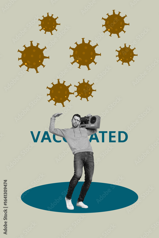 Obraz premium Sketch vertical photo collage of happy girl walk bacterium covid problem broken virus pieces isolation pandemic healthcare