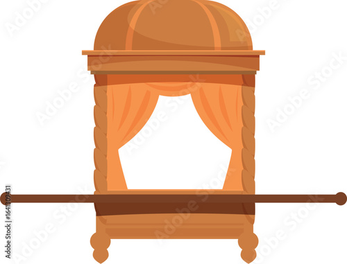 Traditional asian wooden palanquin used to transport important people, featuring orange curtains and canopy