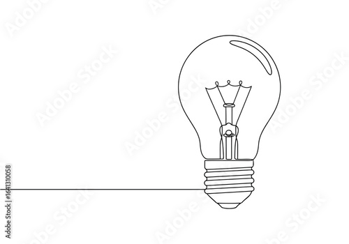Vector illustration of photo of single line drawing of a light bulb symbolizing idea, innovation, and creativity, isolated on white background