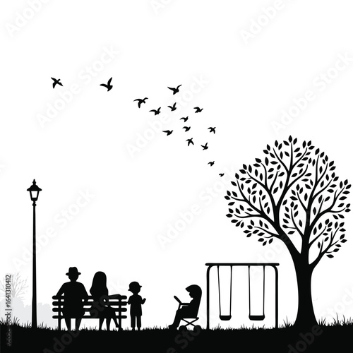 Family silhouettes on park bench under tree with flying birds