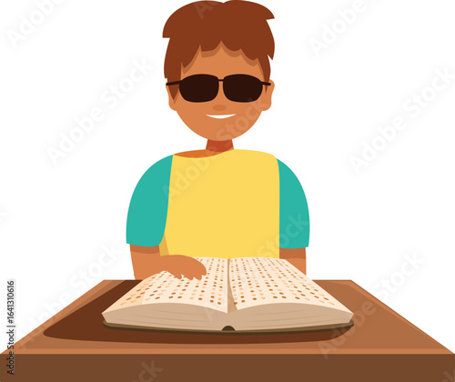 Smiling blind boy reading braille book, promoting education and inclusivity for visually impaired students