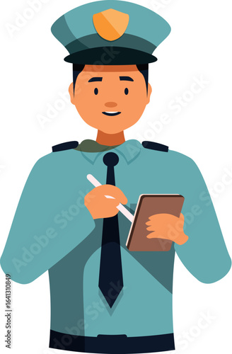 Police officer taking notes, writing on notepad with pen, wearing uniform and hat